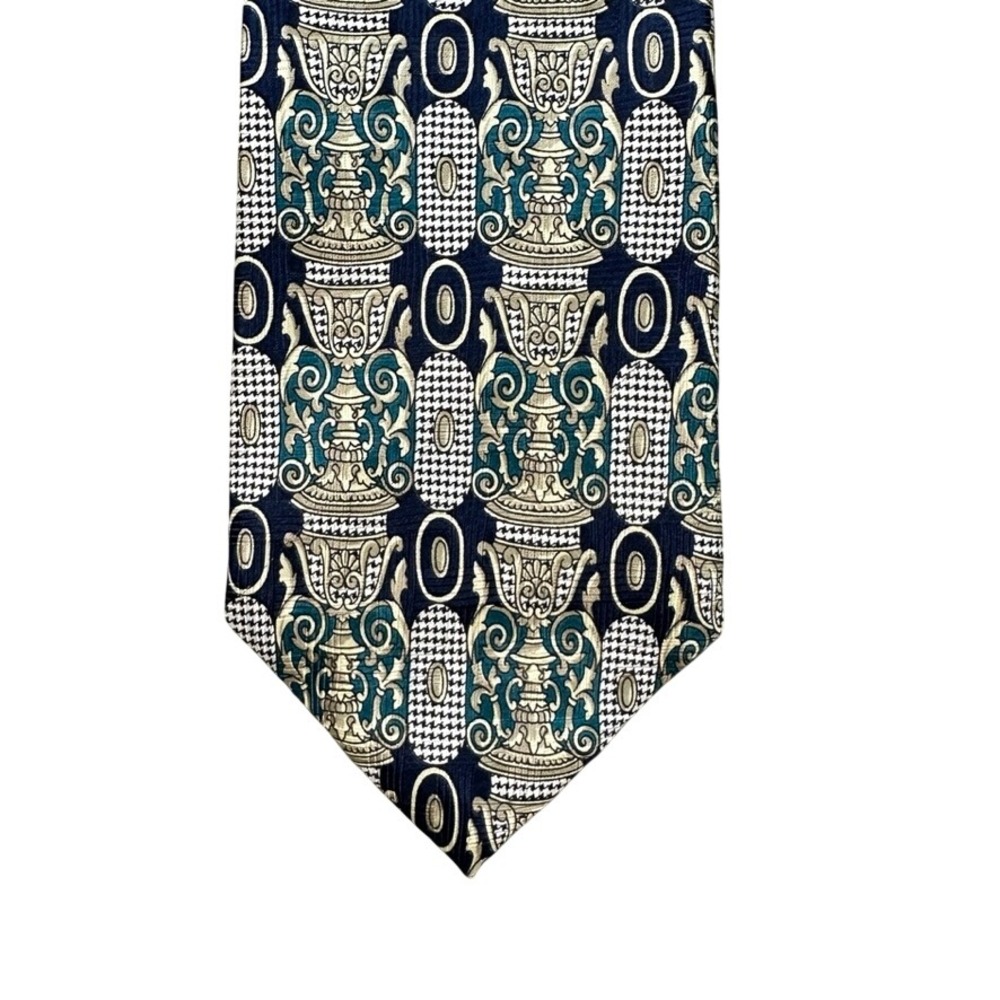 Portofino Mens Silk Necktie Navy Blue Gold Teal Baroque Urn Houndstooth Pattern